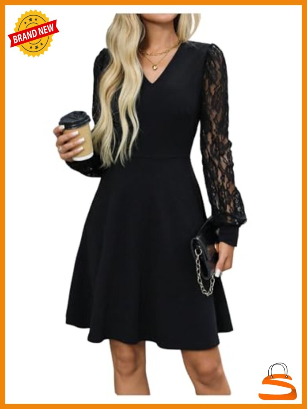 Lace Long Sleeve Mini Dress V Neck High Waist A-Line Flowy Semi Formal